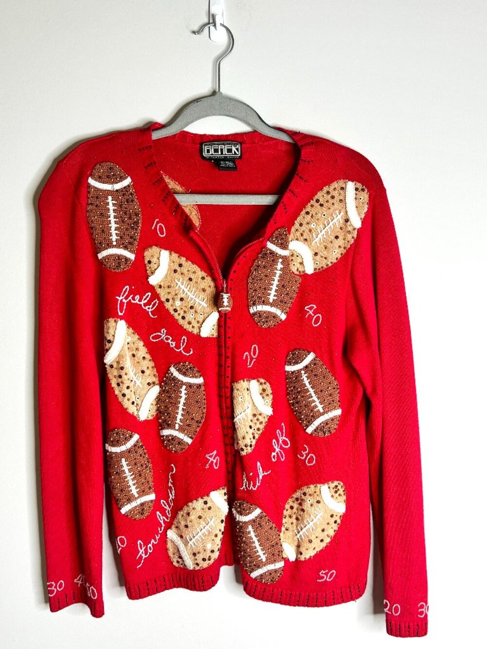Vtg Berek Football Embroidered Beaded Cardigan Sweater Grannycore Novelty Sz S
